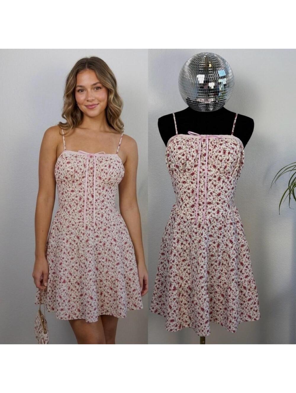Monteau Cream Mini Babydoll Dress w Pink Floral Milkmaid Cottagecore size M